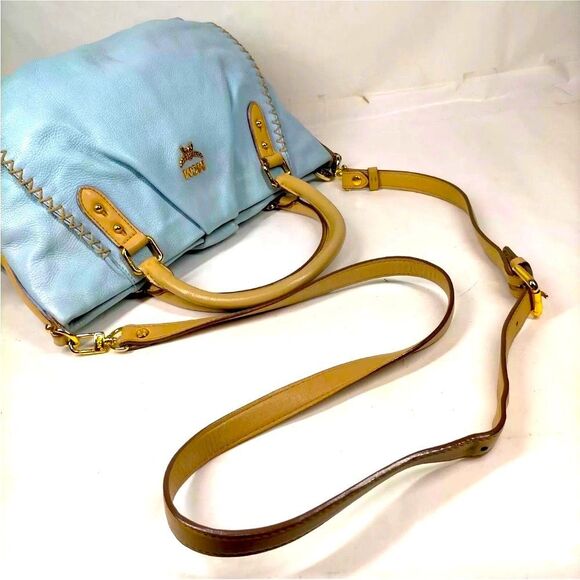 Auth MCM Light Blue Leather Tan Trim 2way Saddle Hobo Bag Satchel Preloved Purse - Picture 4 of 9